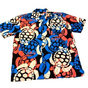 Uzzi Mens Large Button-Up Hawaiian Shirt With Abstract Turtle Shell Print In Red